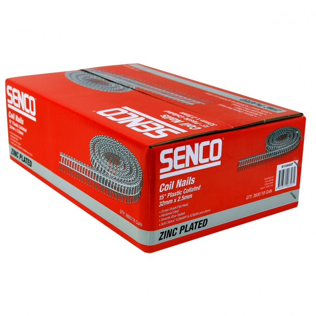 SENCO 15° Plastic Bracing Coil Nails, Electro Galvanised - 2.5x32(Qty 3600)